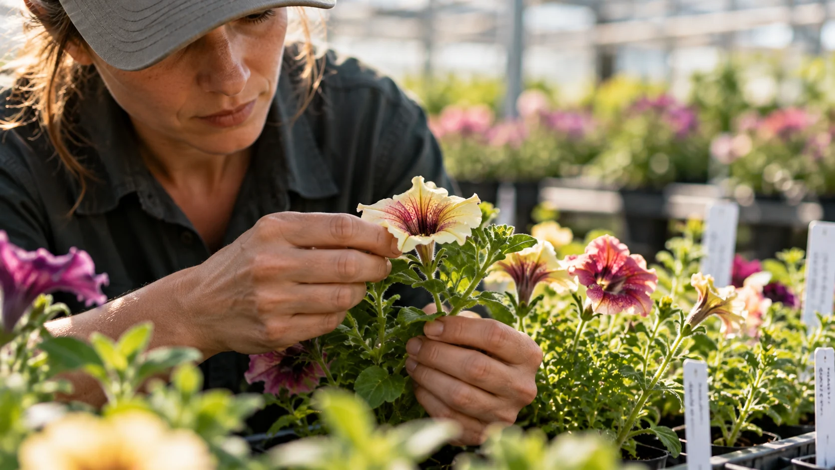 Hands working with plants in a horticultural setting