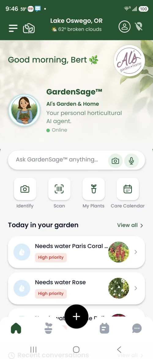 GardenSage app home screen showing plant guidance and care tools