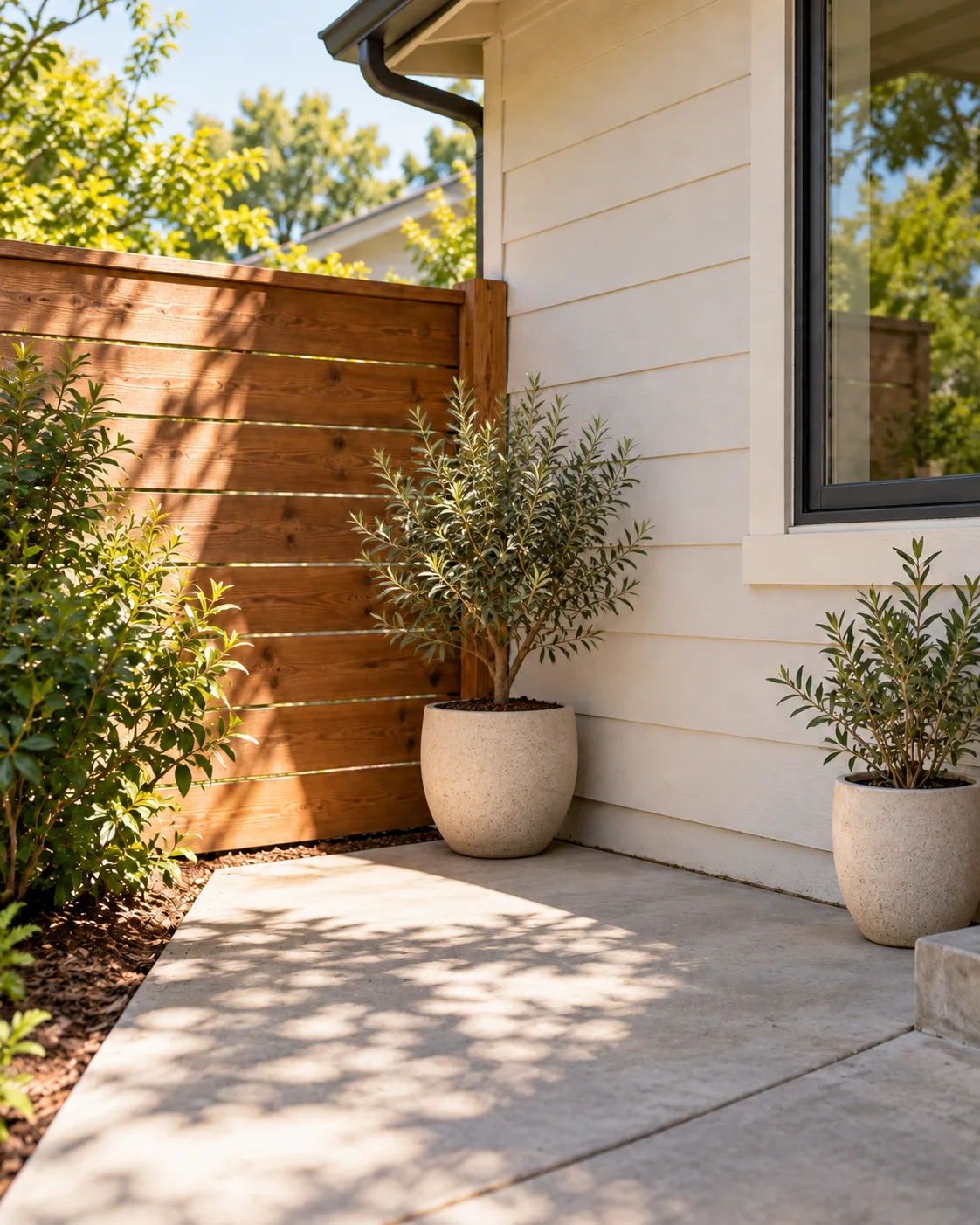 Illustrative view of the same patio corner with a potted dwarf olive